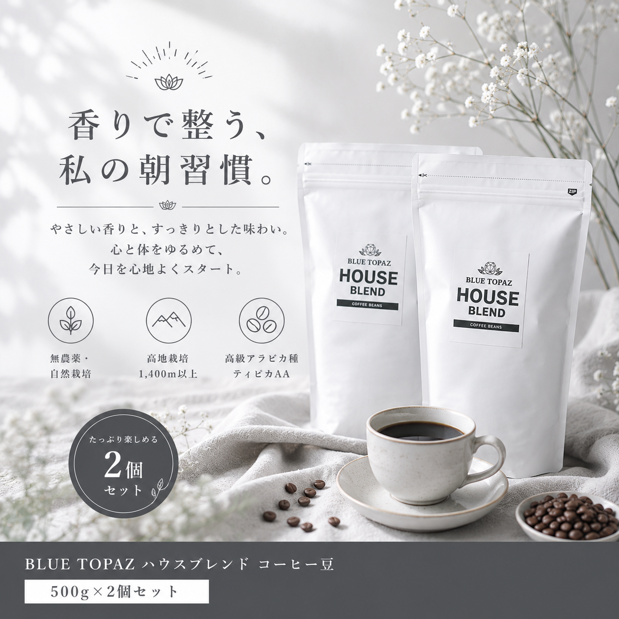 【毎朝が楽しみになる。】2個セット|ブルートパーズ ハウスブレンド コーヒー豆 1kg|無農薬 自然栽培|高級アラビカ種 ティピカAA