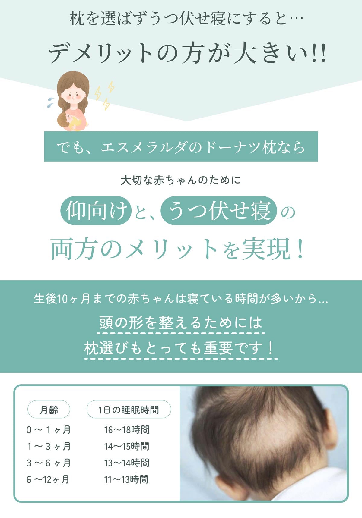 インサート式ドーナツまくら/高さ調節でぴったりフィット、赤ちゃんの眠りに安心を【EsmeraldA 公式】